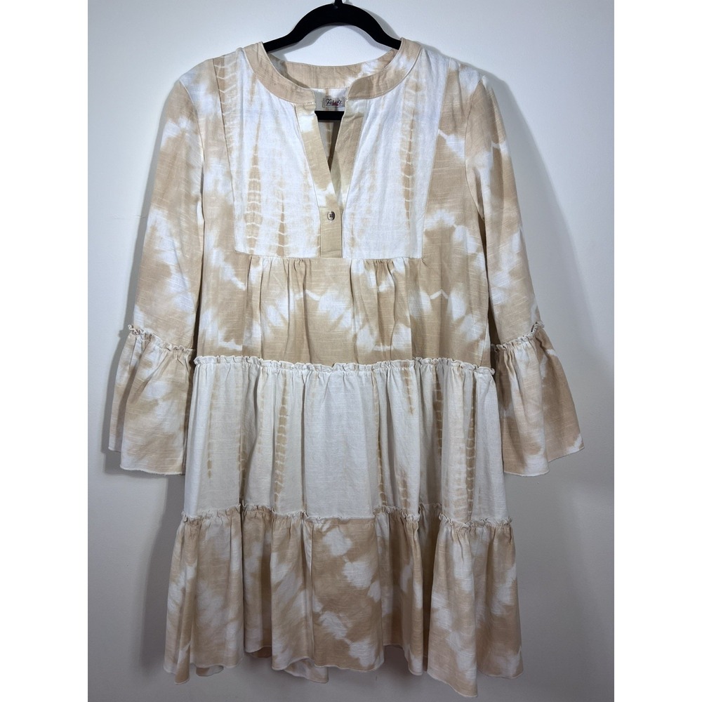 Faherty Tie Dye Dress M Peach Cream Organic Cotton Boho Tiered Bell Sleeve